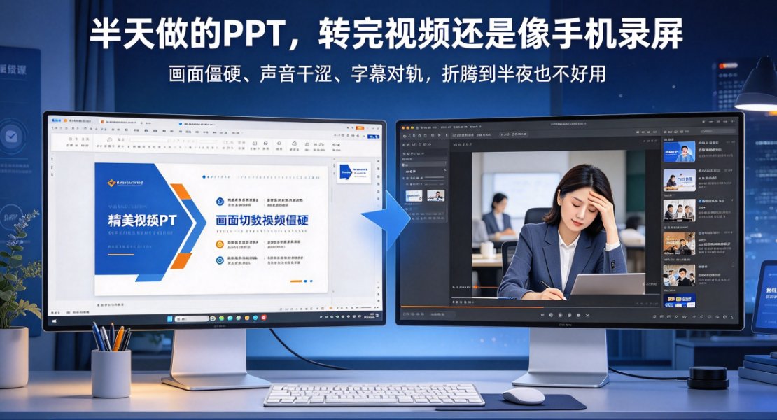 课件帮PPT转视频的操作后台界面，左侧是上传的PPT缩略图列表，右侧是数字人形象选择和音色选择面板