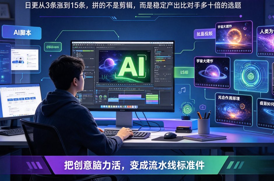 课件帮知识科普视频制作界面，展示模板选择、数字人形象、一键成片的操作按钮，配文“课件帮一键成片，从脚本到成片5分钟”