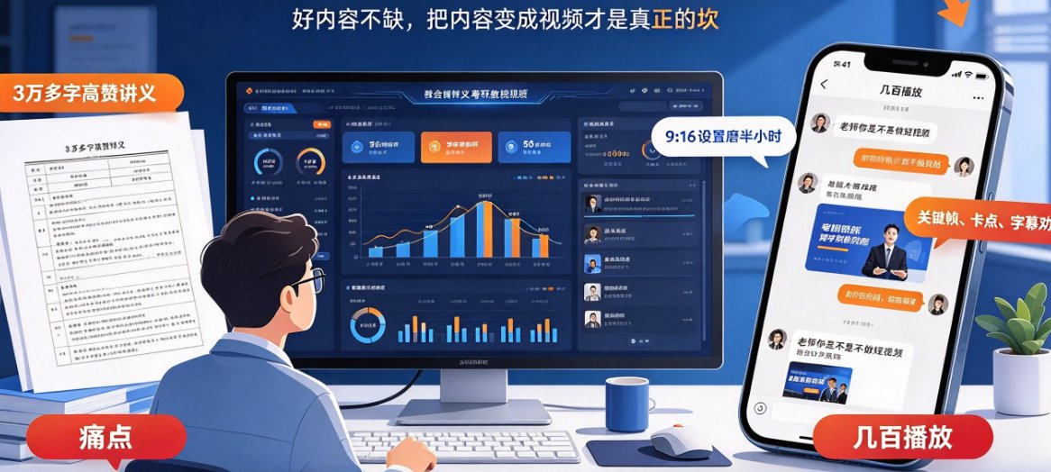 课件帮图文短视频制作界面 - 左侧粘贴文字、右侧实时预览竖版视频，声音选择和模板选择下拉菜单清晰可见