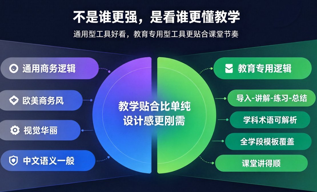 课件帮与Gamma的AI生成课件界面并排对比，左侧为学科模板推荐，右侧为通用模板选项